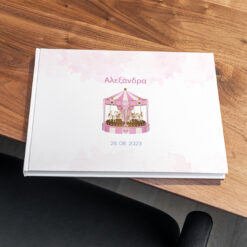 Portrait hard cover book 11x8,5 on the table_pv44 ροζ καρουζέλ και λουλούδια
